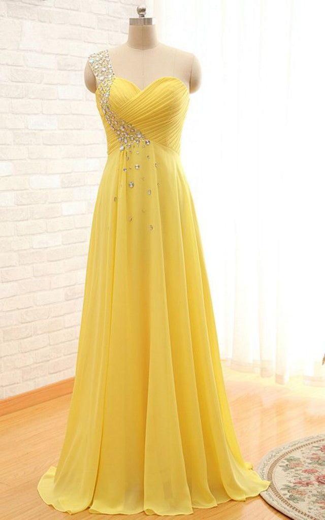 Gorgeous Yellow One Shoulder Beaded Sweetheart A-line Long Party Dress Prom Dresses,MB1056