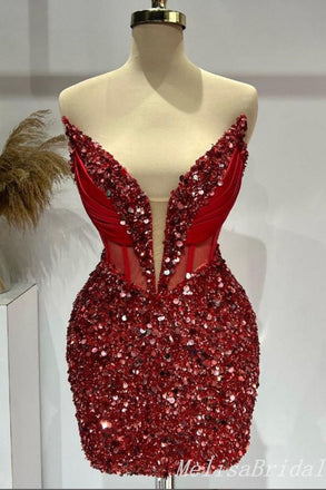 Sparkle Red Mermaid Strapless Plunging Graduation Party Short Homecoming Dresses, HD452