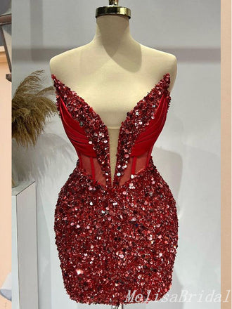 Sparkle Red Mermaid Strapless Plunging Graduation Party Short Homecoming Dresses, HD452