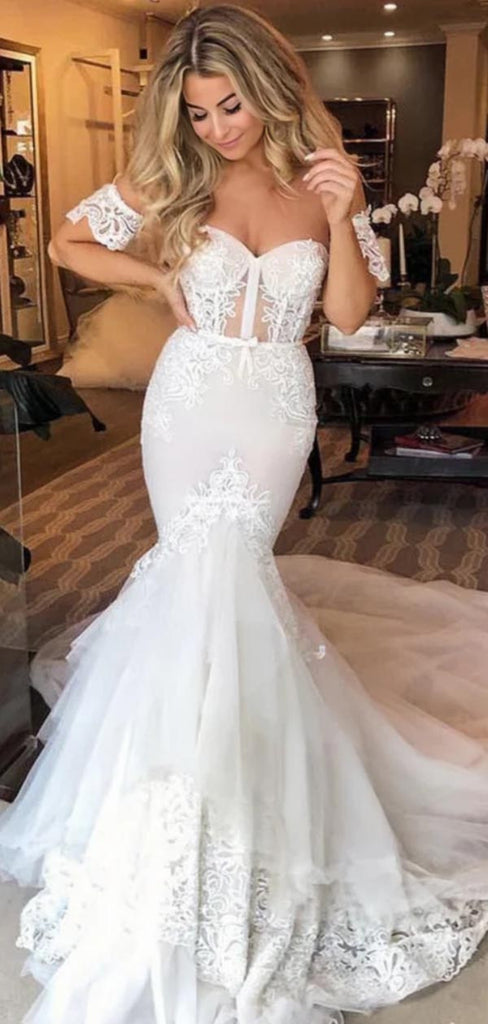 Sexy White Off Shoulder Sweetheart Tulle Lace Appliques A-Line Long Cheap Wedding Dresses with Trailing ,WD67