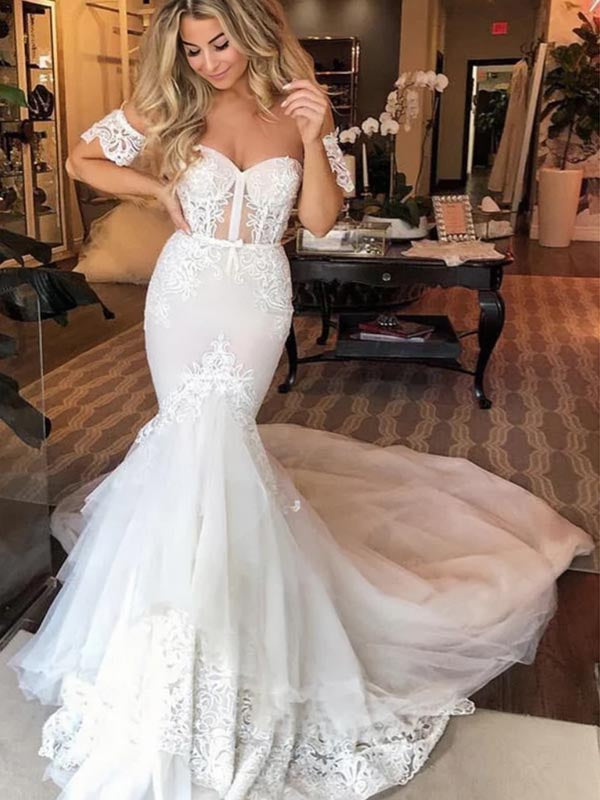 Sexy White Off Shoulder Sweetheart Tulle Lace Appliques A-Line Long Cheap Wedding Dresses with Trailing ,WD67