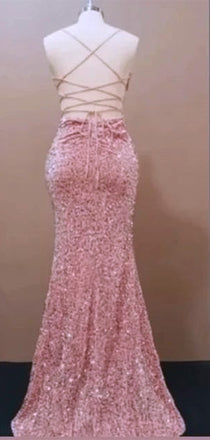 Sparkly Pink Sequin Pleats Side Slit Sleeveless Lace Up Back Mermaid Evening Long Prom Dresses,MB66