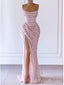 Sparkly Pink Sequin Pleats Side Slit Sleeveless Lace Up Back Mermaid Evening Long Prom Dresses,MB66