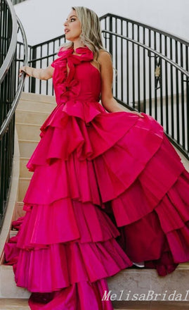 Hot Pink A-Line Plunging Layer Evening Gown Maxi Long Evening Party Prom Dresses,MB671