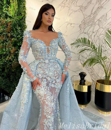 Light Blue Long Sleeves Lace Appliques Sparkle Mermaid Evening Gown Long Evening Party Prom Dresses,MB858