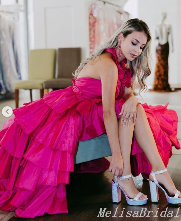 Hot Pink A-Line Plunging Layer Evening Gown Maxi Long Evening Party Prom Dresses,MB671