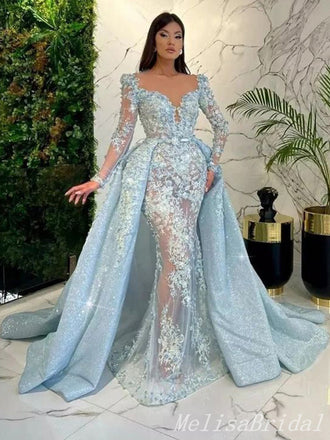 Light Blue Long Sleeves Lace Appliques Sparkle Mermaid Evening Gown Long Evening Party Prom Dresses,MB858