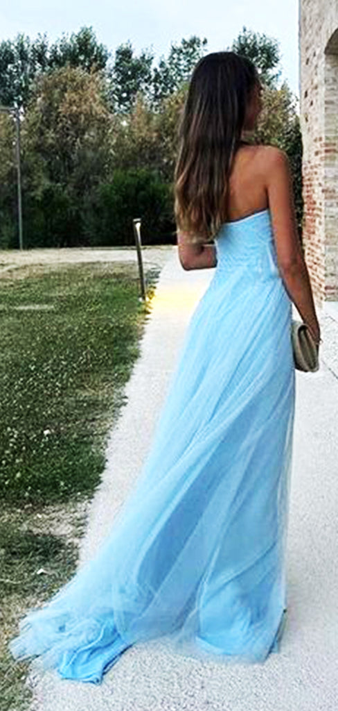 Elegant Light Blue Side Slit Sleeveless Pleats Tulle Mermaid Evening Long Prom Dresses,MB67