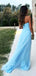 Elegant Light Blue Side Slit Sleeveless Pleats Tulle Mermaid Evening Long Prom Dresses,MB67