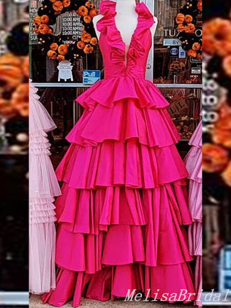 Hot Pink A-Line Plunging Layer Evening Gown Maxi Long Evening Party Prom Dresses,MB671