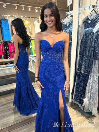 Blue Sexy Lace Strapless Sweetheart Mearmaid Side Slit Evening Gown Prom Dresses,MB180