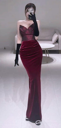 Sexy Unique Dark Red Sweetheart Sleeveless Pleats Mermaid Evening Long Prom Dresses,MB68