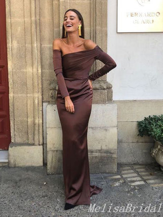 Brown Long Sleeves Off Shoulder Mermaid Evening Gown Maxi Long Evening Party Prom Dresses,MB673