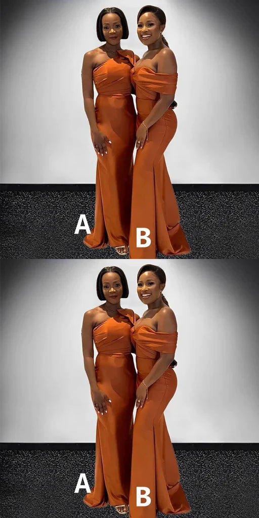 Mismached Elegant Orange Off Shoulder Simple Cheap Mermaid Long Bridesmaid Dresses ,BD155