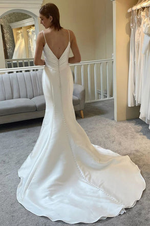 Elegant White Spaghetti Straps V Neck Mermaid Long Wedding Dresses,WD43