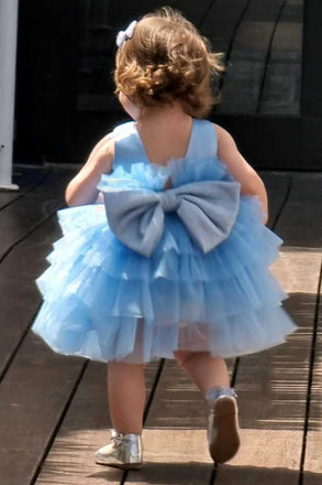 Elegant Blue Tulle A-Line Cheap Simple Long Flower Girl Dresses,FG52