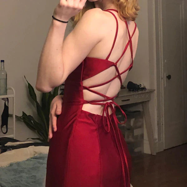 Sexy Red V Neck Spaghetti Straps Mermaid Sleeveless Evening Prom Dresses,MB150