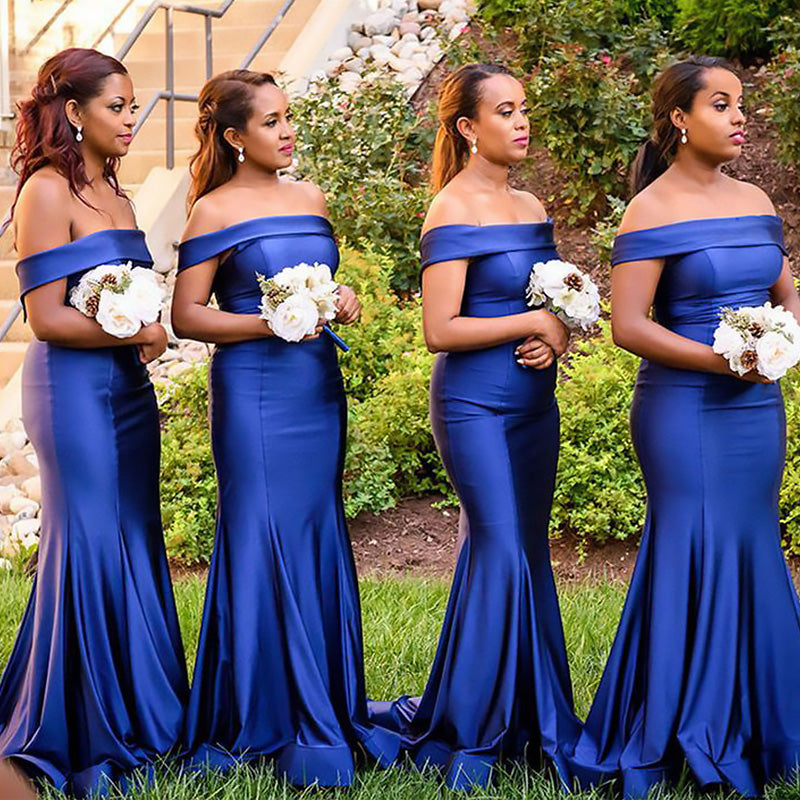 Elegant Royal Blue Off Shoulder Mermaid Simple Bridesmaid Dresses ,BD86