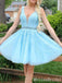 Sexy Beading Elegant Sky Blue Plunging A-line Leaf Appliques Tulle Short Homecoming Dresses with Pleats, HD268