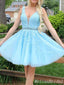 Sexy Beading Elegant Sky Blue Plunging A-line Leaf Appliques Tulle Short Homecoming Dresses with Pleats, HD268