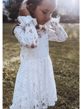 Cute White Tulle Lace  A- Line Long Sleeve Appliques Cheap Flower Girl Dresses ,FG16