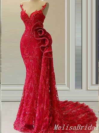 Gorgeous Sexy Red Strapless Lace Appliques Mermaid Evening Gown Long Formal Dresses Prom Dresses,MB369