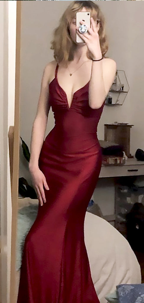 Sexy Red V Neck Spaghetti Straps Mermaid Sleeveless Evening Prom Dresses,MB150