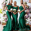 Elegant Green Spaghetti Straps One Shoulder Mermaid Long Cheap Cowl Bridesmaid Dresses ,BD53