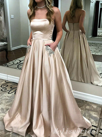 Sexy Elegant Ruched Strapless Beading Straight Neck Evening Gown Long Prom Dresses with Pockets  ,MB263