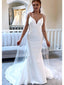 Elegant White Spaghetti Straps V Neck Mermaid Long Wedding Dresses,WD43