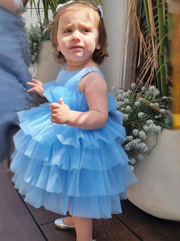 Elegant Blue Tulle A-Line Cheap Simple Long Flower Girl Dresses,FG52