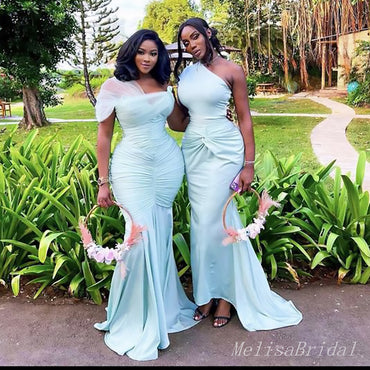 Mismached Elegant Blue Pleats One Shoulder Simple Cheap Mermaid Long Bridesmaid Dresses ,BD135