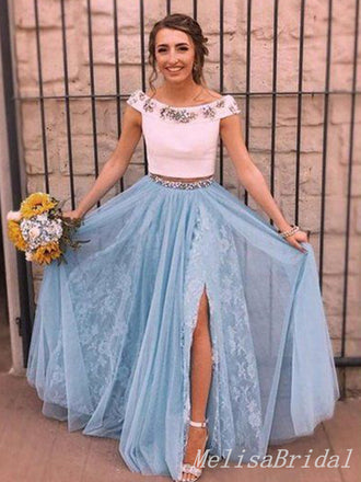 Gorgeous Two Pieces Beading Lace Appliques Tulle Floor Length A-line Side Slit Evening Gown Prom Dresses,MB210