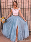 Gorgeous Two Pieces Beading Lace Appliques Tulle Floor Length A-line Side Slit Evening Gown Prom Dresses,MB210