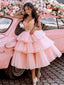 Elegant Pink Sequin Tulle Ruffle A Line Short Homecoming Dresses, HD36