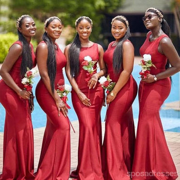 Elegant Red Square Simple Cheap Mermaid Long Bridesmaid Dresses ,BD125