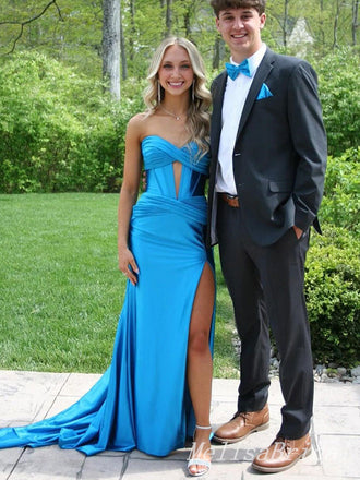 Sexy Blue Strapless Sweetheart Mermaid Long Prom Dresses Party Dresses to Impress with High Slit,MB905
