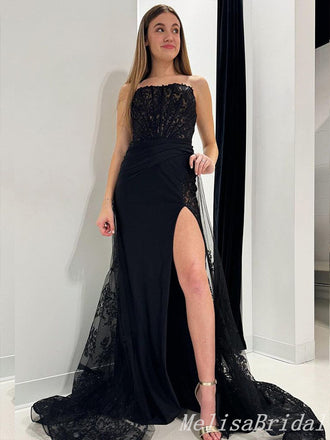 Mermaid Black Lace Appliques Lace UP Back Strapless Evening Ball Gown Maxi Long Formal Dresses Prom Dresses With High Slit,MB576