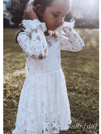 Cute White Tulle Lace  A- Line Long Sleeve Appliques Cheap Flower Girl Dresses ,FG16