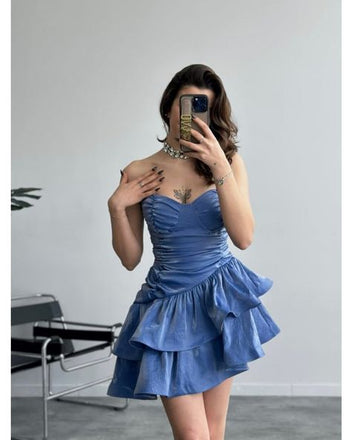 Elegant Blue Ruffles Pleats Mermaid Cheap Simple Short Homecoming Dresses, HD69