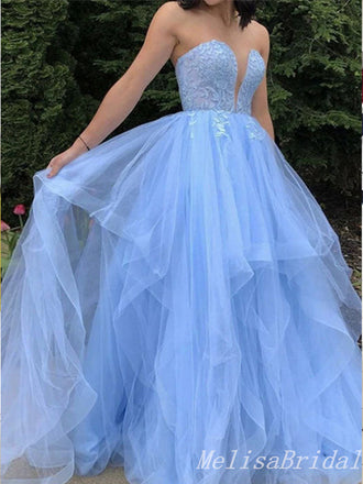 Sexy Fluffy Strapless Plunging Tulle Lace Appliques A-line Evening Gown Long Prom Dresses,MB275