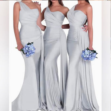 Elegant Silver One Shoulder Simple Cheap Mermaid Long Bridesmaid Dresses ,BD176