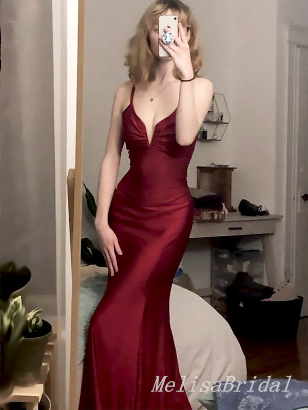 Sexy Red V Neck Spaghetti Straps Mermaid Sleeveless Evening Prom Dresses,MB150