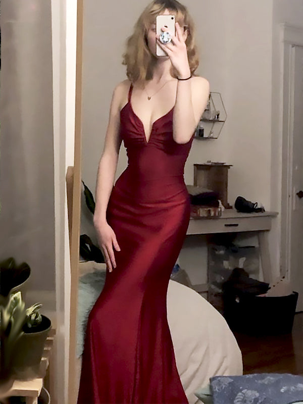 Sexy Red V Neck Spaghetti Straps Mermaid Sleeveless Evening Prom Dresses,MB150