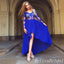 Royal Blue High Low Lace Appliques Long Sleeves A-line Evening Gown Maxi Long Evening Party Prom Dresses,MB811