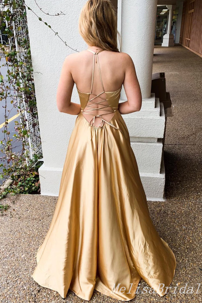 Charming Sexy Plunging High Slit Deep V-neck A-line Lace Up Back Evening Gown Long Prom Dresses with Pleats,MB332