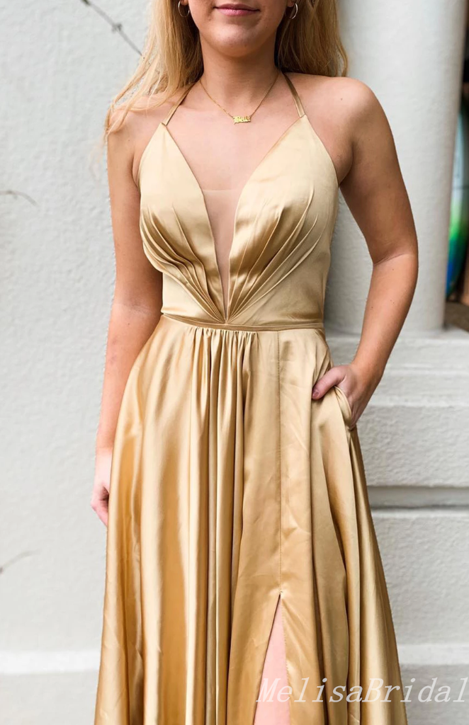 Charming Sexy Plunging High Slit Deep V-neck A-line Lace Up Back Evening Gown Long Prom Dresses with Pleats,MB332