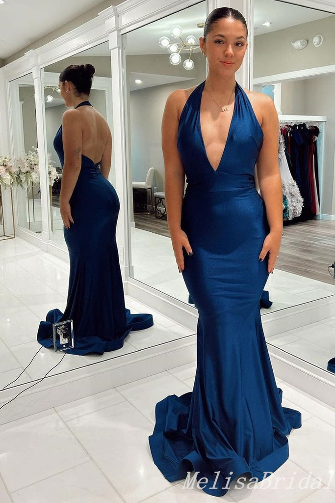 Sexy Plunging Deep V-Neck Halter Open Back Mermaid Evening Gown Maxi Long Formal Dresses Prom Dresses With Trailing,MB537