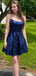 Simple Spaghetti Straps Black A-line Short Homecoming Dresses with Pleats , HD254