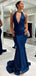 Sexy Plunging Deep V-Neck Halter Open Back Mermaid Evening Gown Maxi Long Formal Dresses Prom Dresses With Trailing,MB537